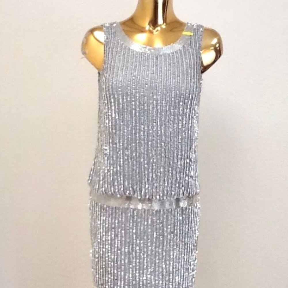 Adrienne Papell Silver Beaded Sequin 1920s Inspired Cocktail Dress Sz 4 - Picture 2 of 12